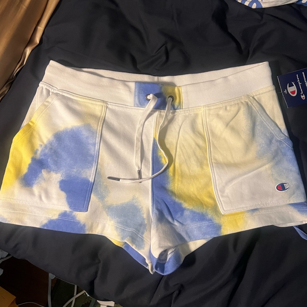 NWT Champion blue and yellow tie dye campus french terry shorts size large